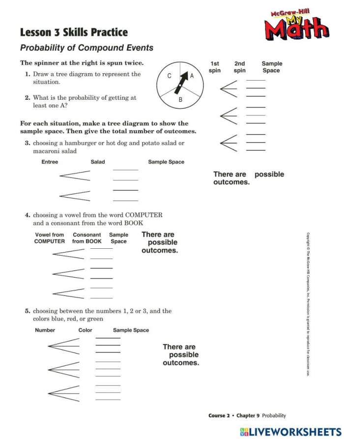 Seventh grade math worksheet showing sample space problems for compound events with dice and coin combinations