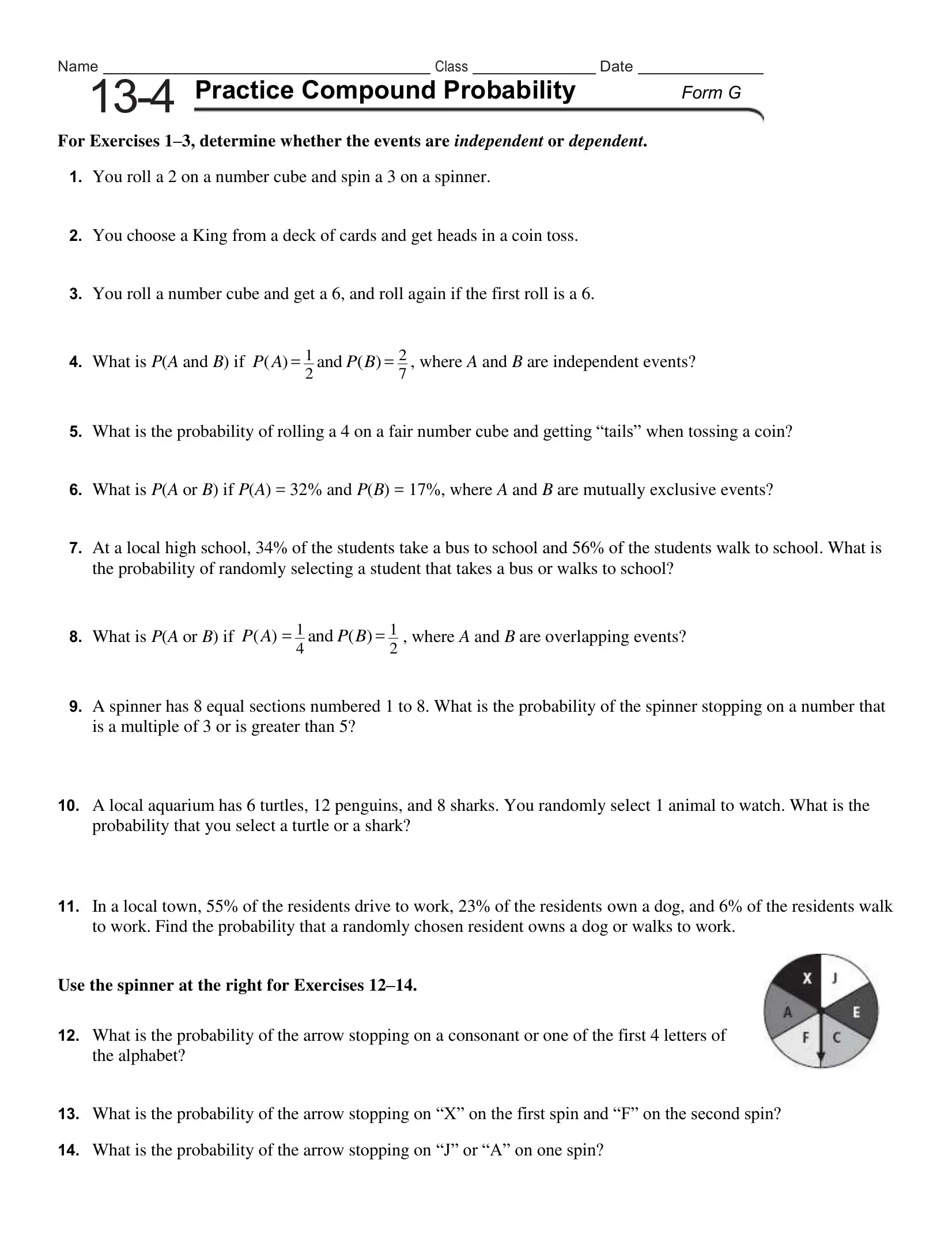Probabilities of Compound Events Worksheet 9 for Seventh Grade Ratios and Proportions Seventh grade math worksheet featuring practice problems on calculating the probabilities of compound events using tree diagrams and lists