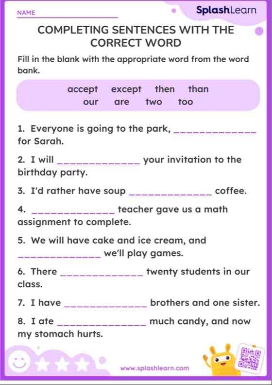 Seventh grade student completing a grammar worksheet on frequently confused words with practice sentences and answer choices