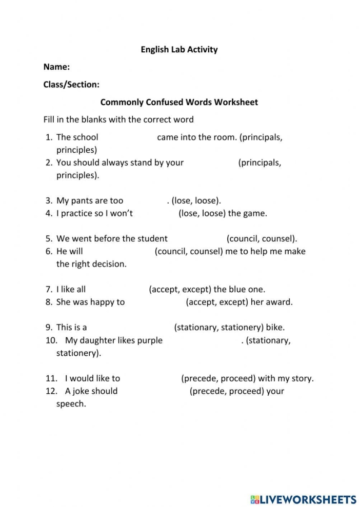 Seventh grade grammar worksheet featuring exercises to differentiate between commonly confused words number 22