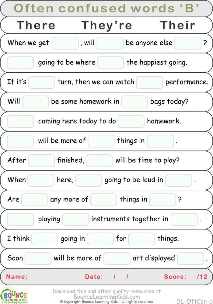 Seventh grade grammar worksheet featuring practice exercises on commonly confused words
