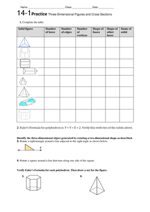 Seventh grade geometry worksheet showing three-dimensional figures with plane intersections creating cross sectional shapes