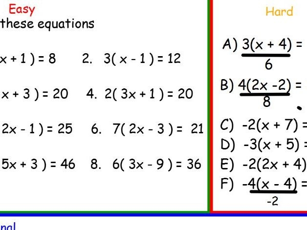 Worksheet featuring solving equations with parentheses for seventh-grade students