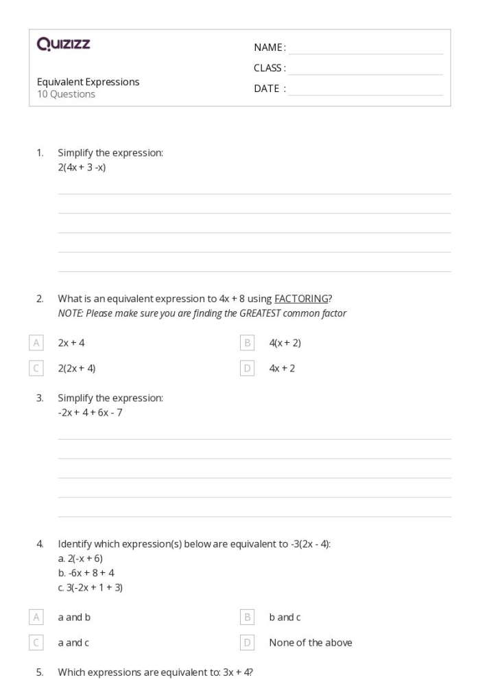 Identify Equivalent Linear Expressions Practice Worksheet 19 Seventh grade math worksheet featuring problems on identifying equivalent linear expressions