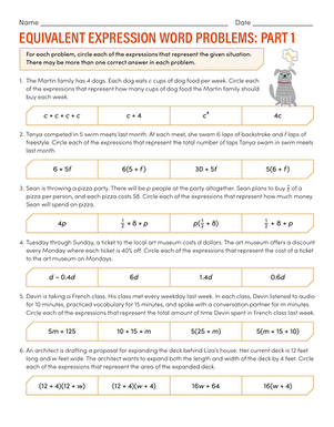 Equivalent Expression Word Problems Part 1 Seventh Grade Algebra Worksheet 22 Seventh grade math worksheet featuring real-world word problems for practicing equivalent expressions