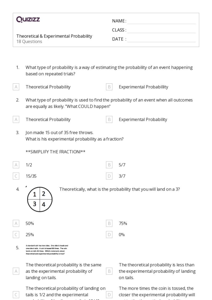 Seventh-grade math worksheet on experimental probability models Worksheet illustrating experimental probability models for seventh-grade students