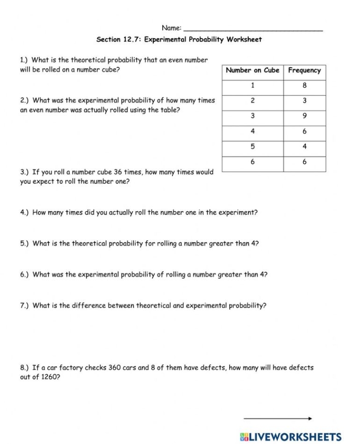 Worksheet for practicing experimental probabilities in physical science for seventh graders Seventh-grade experimental probability worksheet featuring real-world word problems