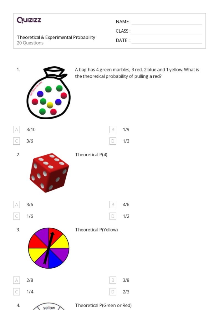 Worksheet on experimental probability for seventh-grade math students Seventh-grade experimental probability worksheet featuring real-world word problems