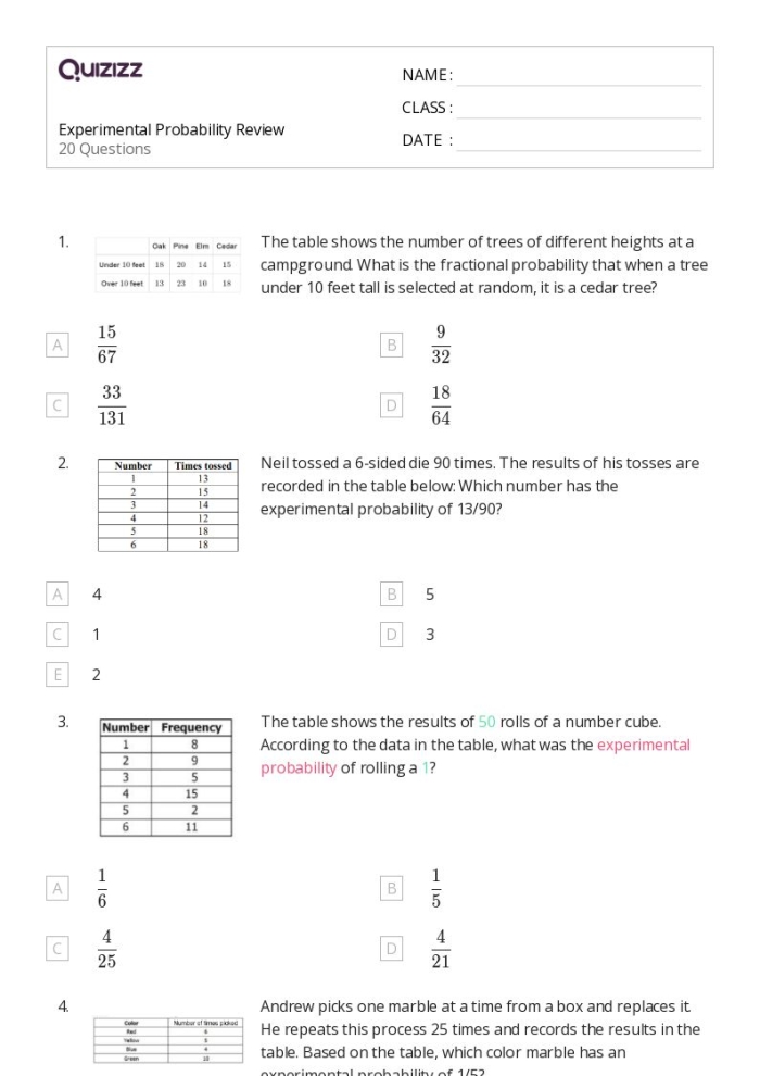 Seventh-grade math worksheet on experimental probability concepts Worksheet illustrating experimental probability models for seventh-grade students