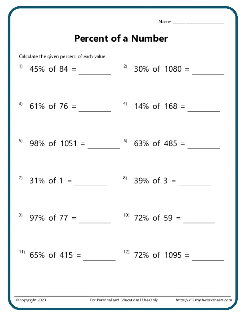 Seventh grade math worksheet featuring real-world percent word problems for financial literacy