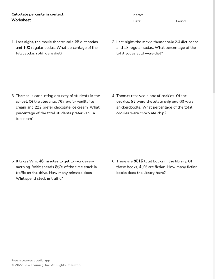 Seventh grade math worksheet featuring real-world percent word problems for financial literacy practice