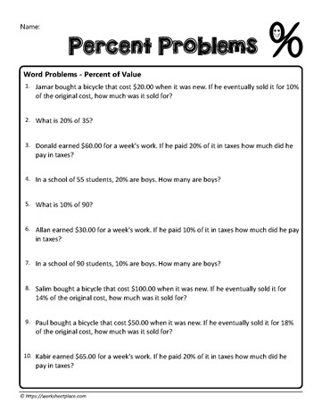 Percent Word Problems worksheet for seventh-grade students focusing on real-life financial applications