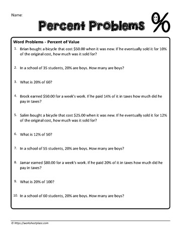 Seventh grade student solving financial percent word problems on a math worksheet