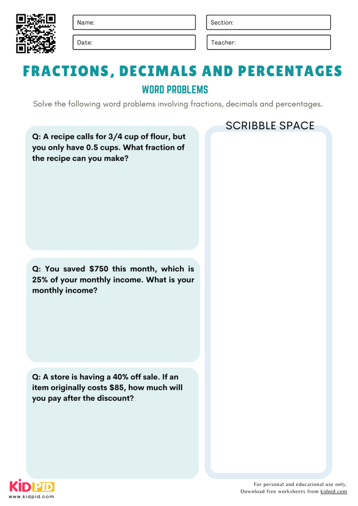 Seventh grade student solving financial percent word problems on a math worksheet