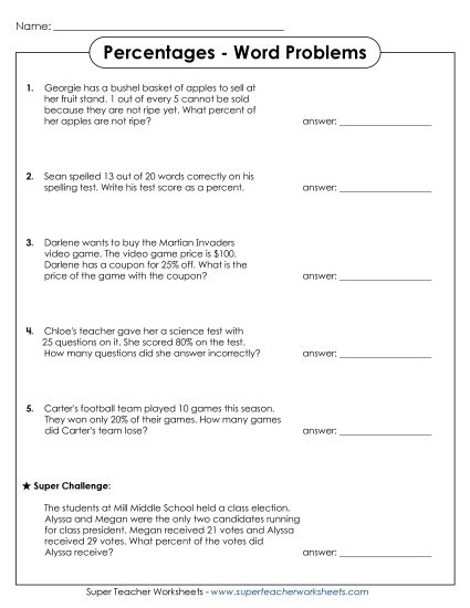 Seventh grade math worksheet featuring real-world financial percent word problems