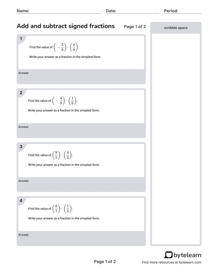 Adding and Subtracting Positive and Negative Fractions Practice Worksheet 17 Seventh grade math worksheet featuring problems on adding and subtracting positive and negative fractions