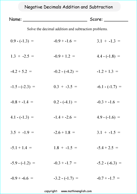 Add and Subtract Positive and Negative Fractions Math Worksheet for Grade 7 Number 23 Seventh grade students solving addition and subtraction problems with positive and negative fractions on a math practice worksheet
