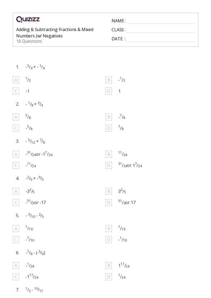 Add and Subtract Positive and Negative Fractions Practice Problems for Grade 7 Seventh grade math worksheet showing problems for adding and subtracting positive and negative fractions with answer spaces
