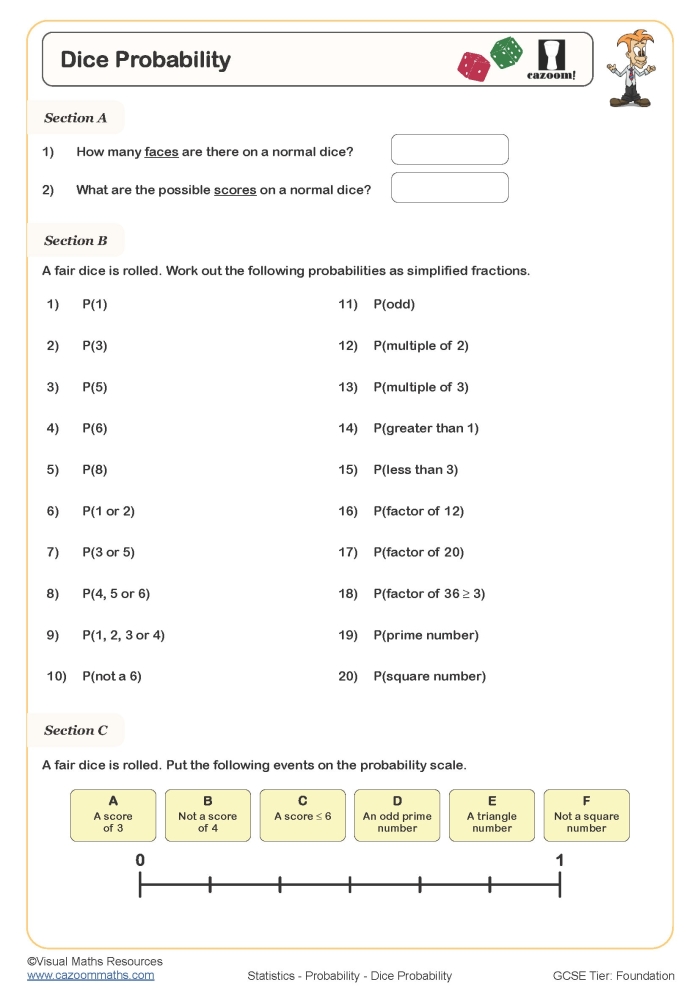 Seventh grade student worksheet about calculating probability with a bag of assorted fruit