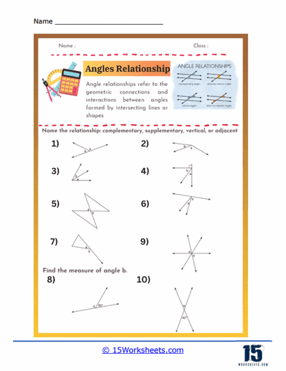 Angle Relationships Handout worksheet designed for seventh-grade geometry students