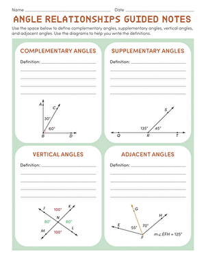 Seventh grade math worksheet featuring guided notes on various angle relationships