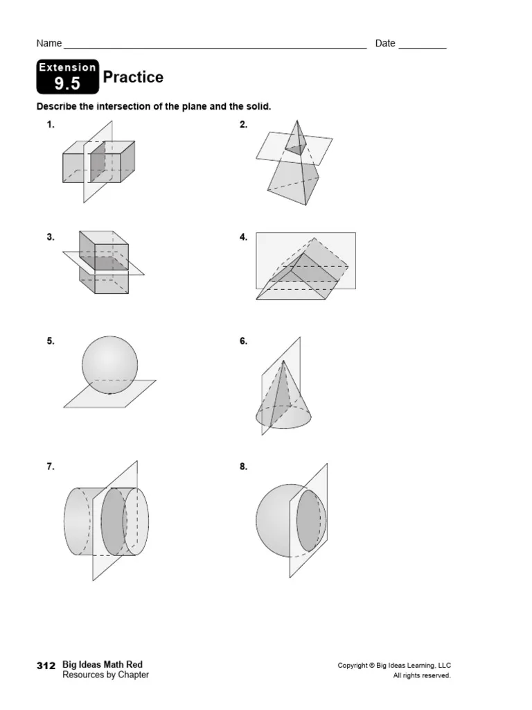 A seventh-grade geometry worksheet showing various three-dimensional shapes with vertical and horizontal cross section cuts illustrated through diagrams and examples