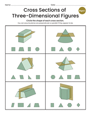 Seventh grade geometry worksheet showing various three-dimensional shapes with vertical and horizontal cutting planes creating different cross sectional views
