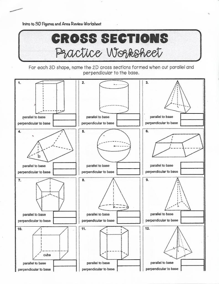 Seventh grade geometry worksheet showing cross sections of three-dimensional figures with sliced shapes and resulting two-dimensional sections labeled