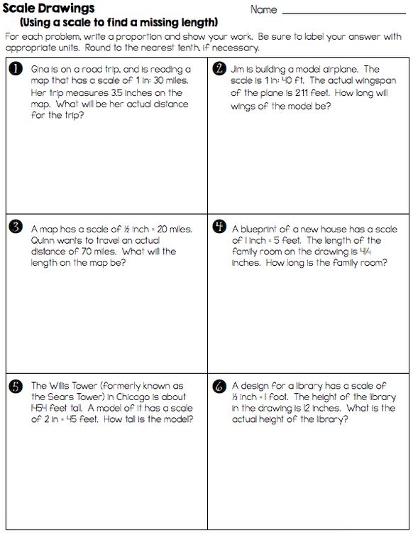 A seventh-grade student working through scale drawing problems to calculate actual object dimensions on a geometry worksheet