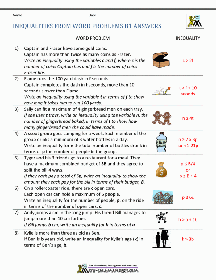 Seventh grade math worksheet featuring algebra problems on solving two-step inequalities in real-world scenarios