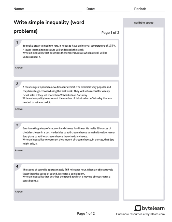 Worksheet featuring one-step inequality word problems for seventh-grade students