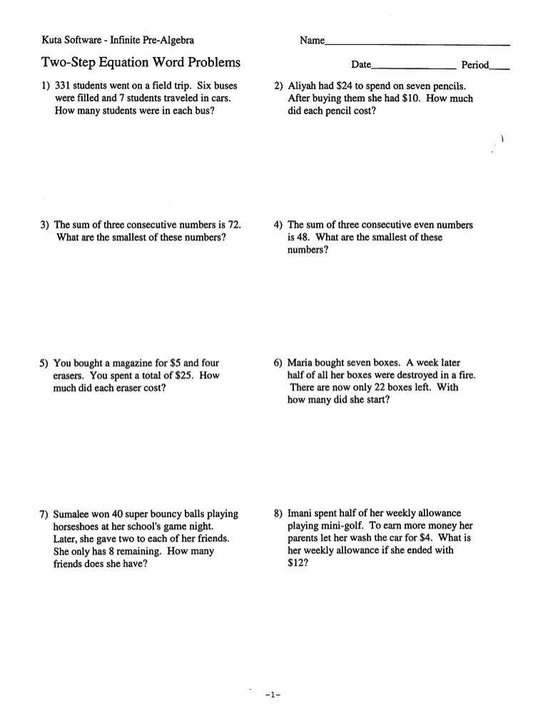 Seventh grade algebra worksheet featuring two-step inequality word problems for geometry students