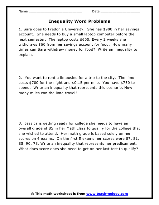 A seventh grade worksheet featuring various word problems focused on writing and solving one-step inequalities