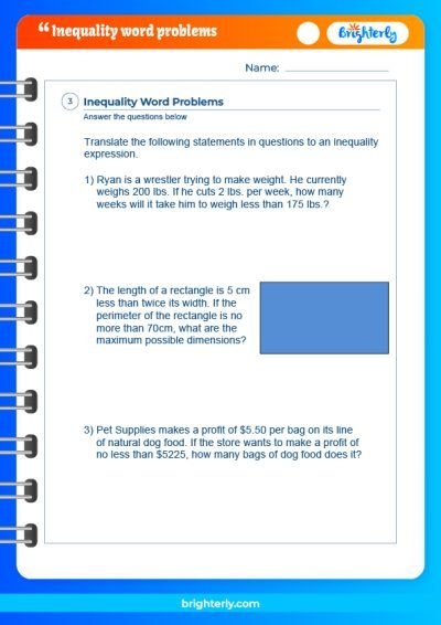 Seventh grade worksheet featuring two-step inequality word problems for algebra practice