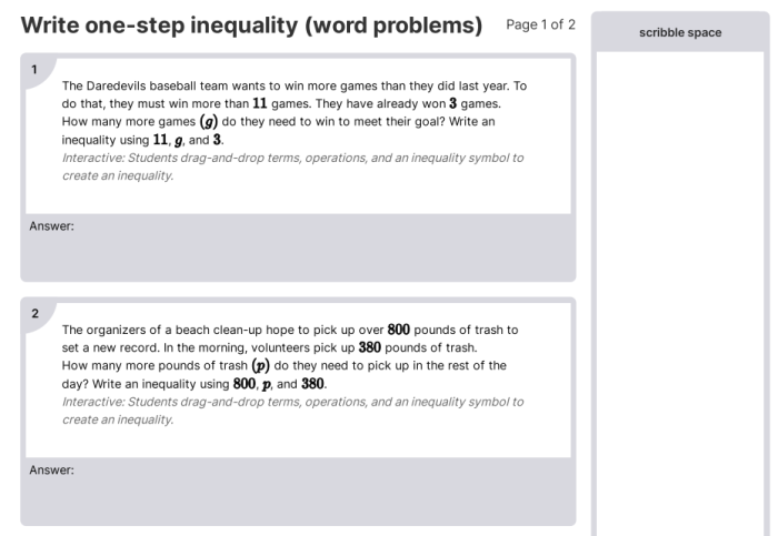 Worksheet featuring one-step inequality word problems for seventh graders