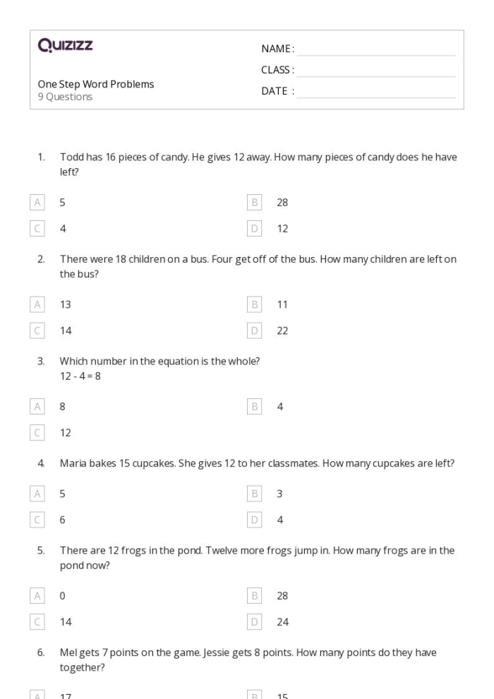 One-Step Inequality Word Problems worksheet for seventh-grade students
