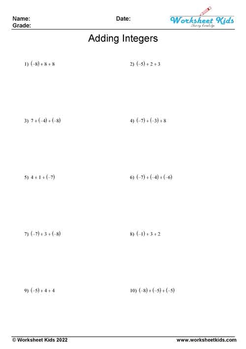 Integer Addition Rules worksheet for seventh-grade math students learning operations with integers