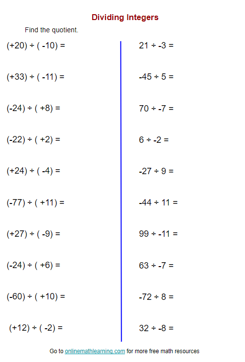 Dividing Integers Practice Problems for Grade 7 Math Students Seventh grade students practicing division of positive and negative integers on a math worksheet
