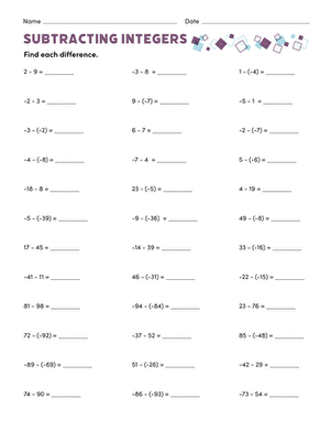 Seventh grade math worksheet featuring practice problems for adding and subtracting integers 19