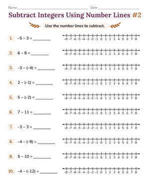 Seventh grade math worksheet featuring practice problems for adding and subtracting integers