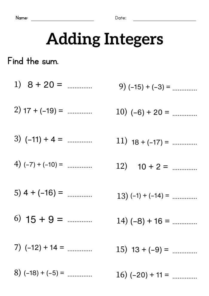 Worksheet for seventh graders focusing on adding and subtracting integers