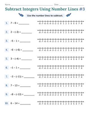 Seventh grade math worksheet featuring various practice problems for adding and subtracting integers