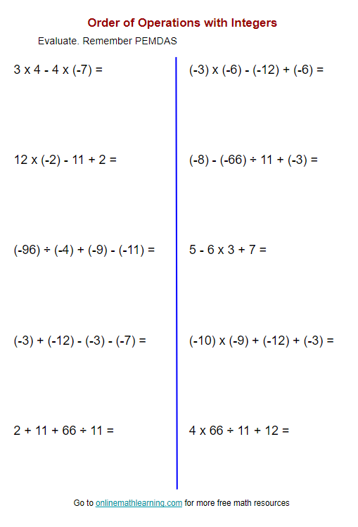 Integer Operation Rules Handout for 7th Grade Math Lesson 7 Seventh grade math worksheet featuring clear guidelines and practice problems for solving integer operation equations