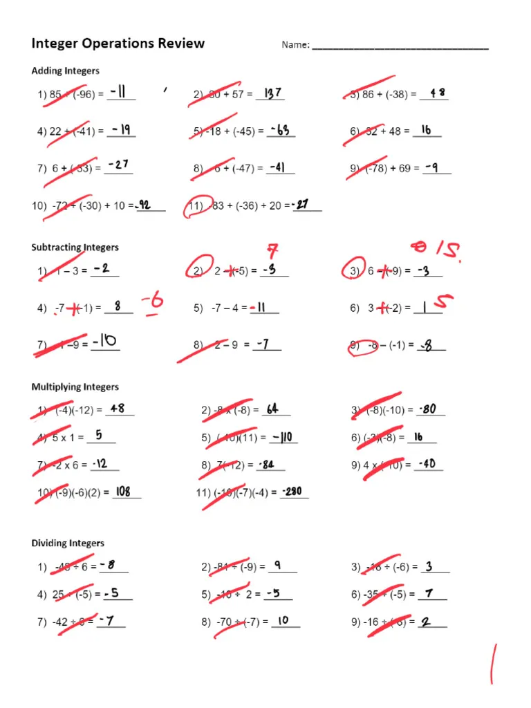 Integer Operation Rules Handout for 7th Grade Math Students Seventh grade math worksheet explaining the fundamental rules for adding subtracting multiplying and dividing integers