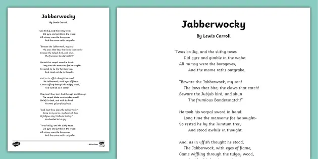 Seventh grade student completing a reading comprehension worksheet on the poem Jabberwocky by Lewis Carroll