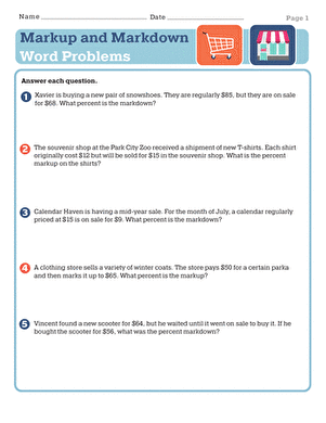 Markup and Markdown Word Problems Worksheet for Seventh Grade Math Seventh grade math worksheet featuring markup and markdown word problems