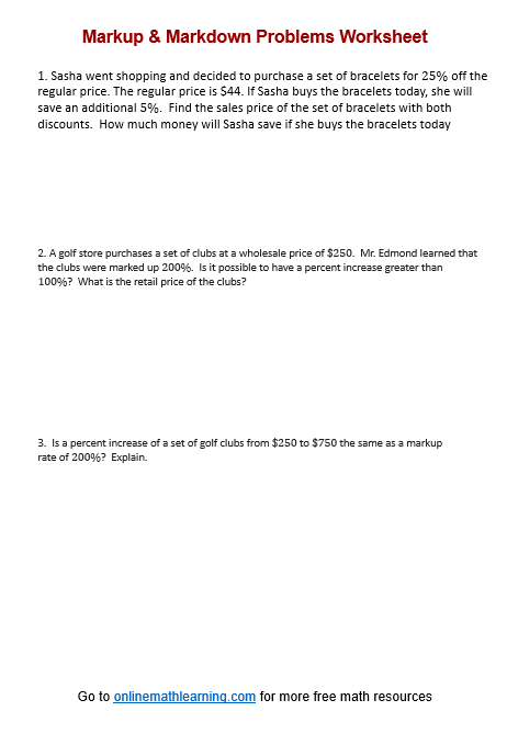 Markup and Markdown Word Problems Worksheet for Seventh Grade Math Number 11 Seventh grade math students practice calculating percent markups and markdowns on this worksheet