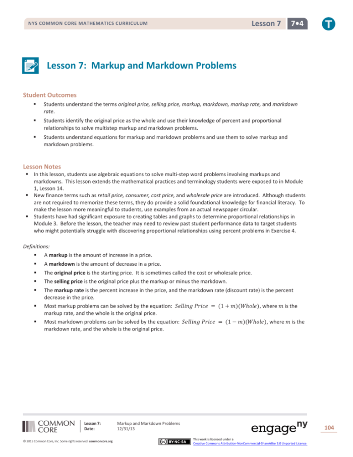 Markup and Markdown Word Problems Math Worksheet for Grade 7 Students Seventh grade students solving markup and markdown percent word problems with real-world shopping scenarios