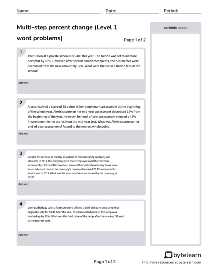Percent of Change Word Problems worksheet for seventh graders focusing on applying percentage concepts