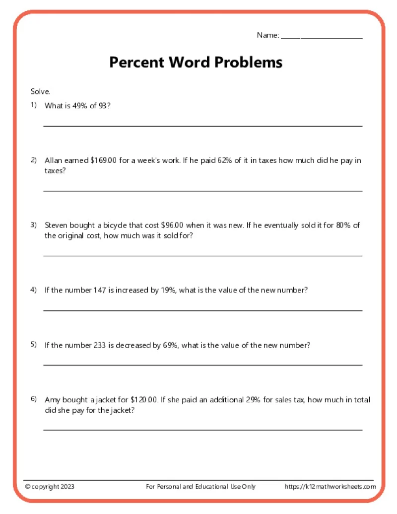 Seventh-grade students solving percent word problems on a math worksheet